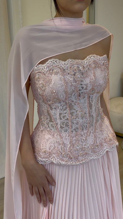 Corset Lace Evening Gown with Pleated Skirt