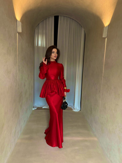 High-Neck Peplum Maxi Dress with Ruffled Cuffs