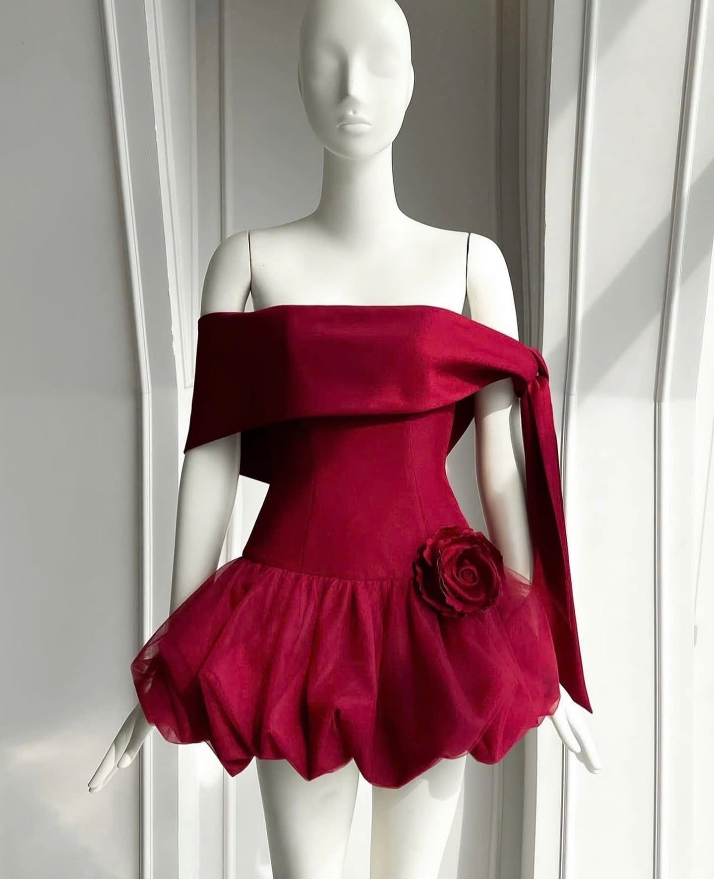 Asymmetrical Off-the-Shoulder Bubble Mini Dress