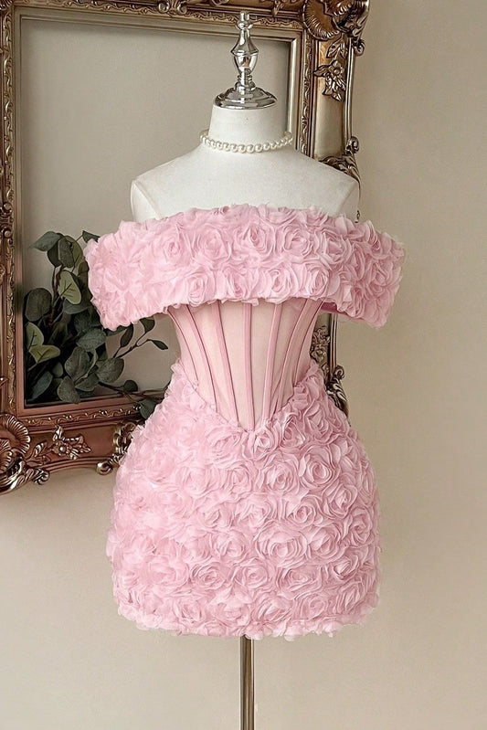 Off-the-Shoulder 3D Flower Corset Mini Dress