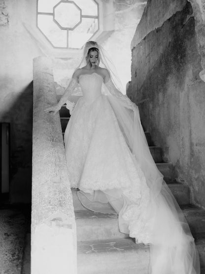 Strapless Lace Ball Gown Wedding Dress with Long Train