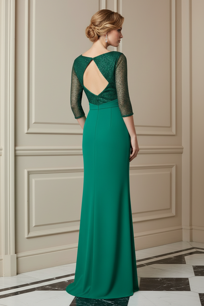 Sequin Bodice 3/4 Sleeve Formal Evening Gown