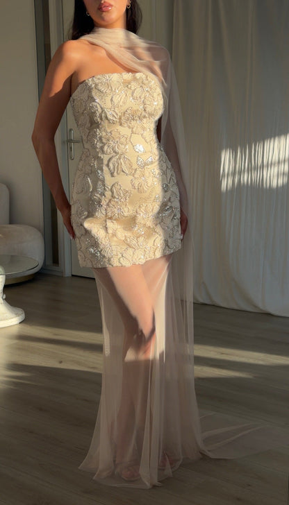 Floral Applique Gown with Sheer Skirt & Cape