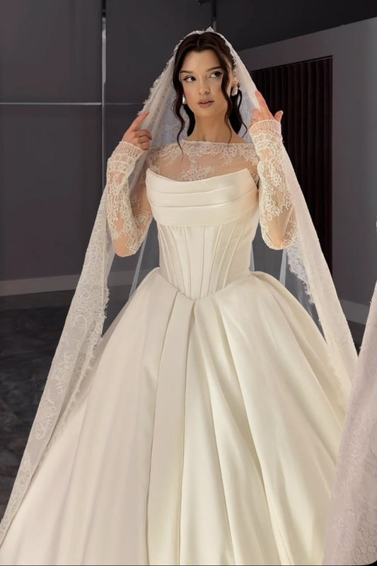 Convertible Pleated Satin Ball Gown Wedding Dress