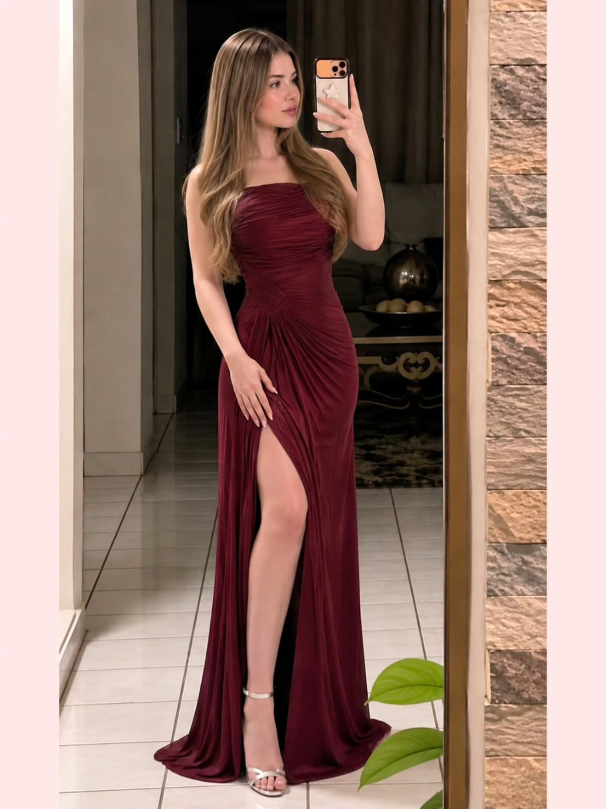 Strapless Ruched Maxi Dress with High Slit