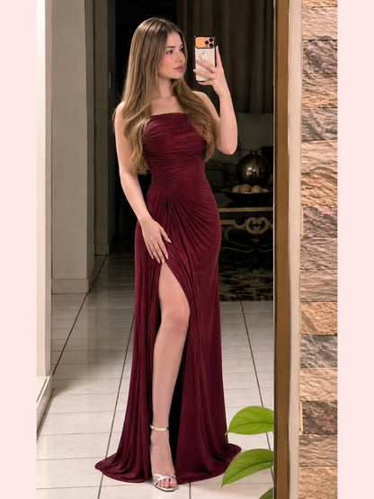 Strapless Ruched Maxi Dress with High Slit