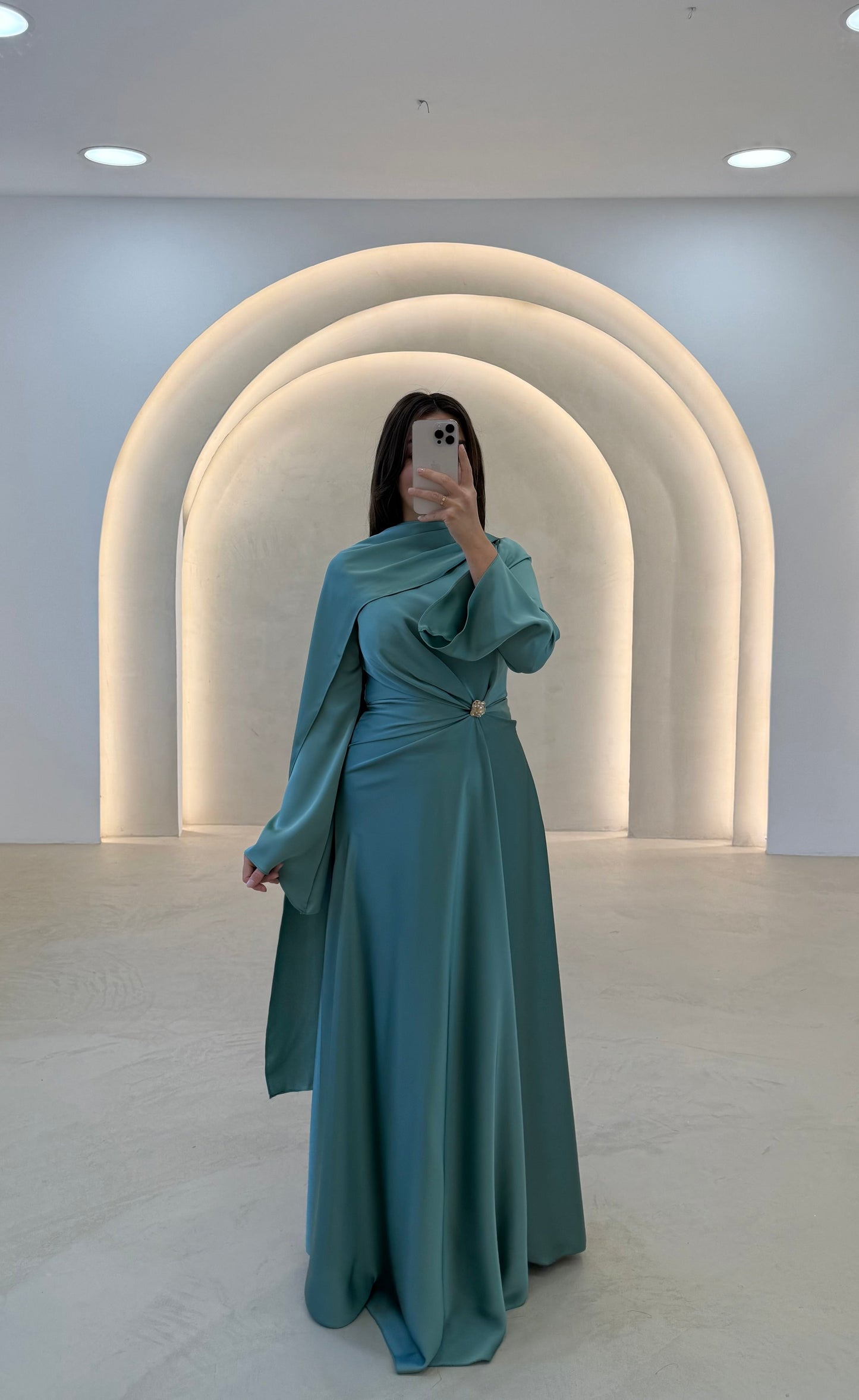 Asymmetrical Satin Evening Gown with Draped Cape