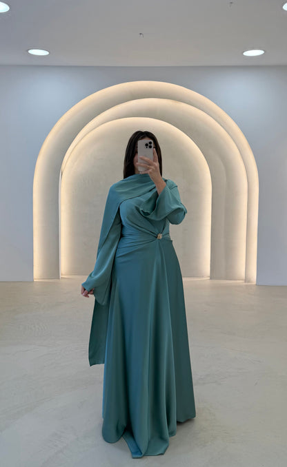 Asymmetrical Satin Evening Gown with Draped Cape