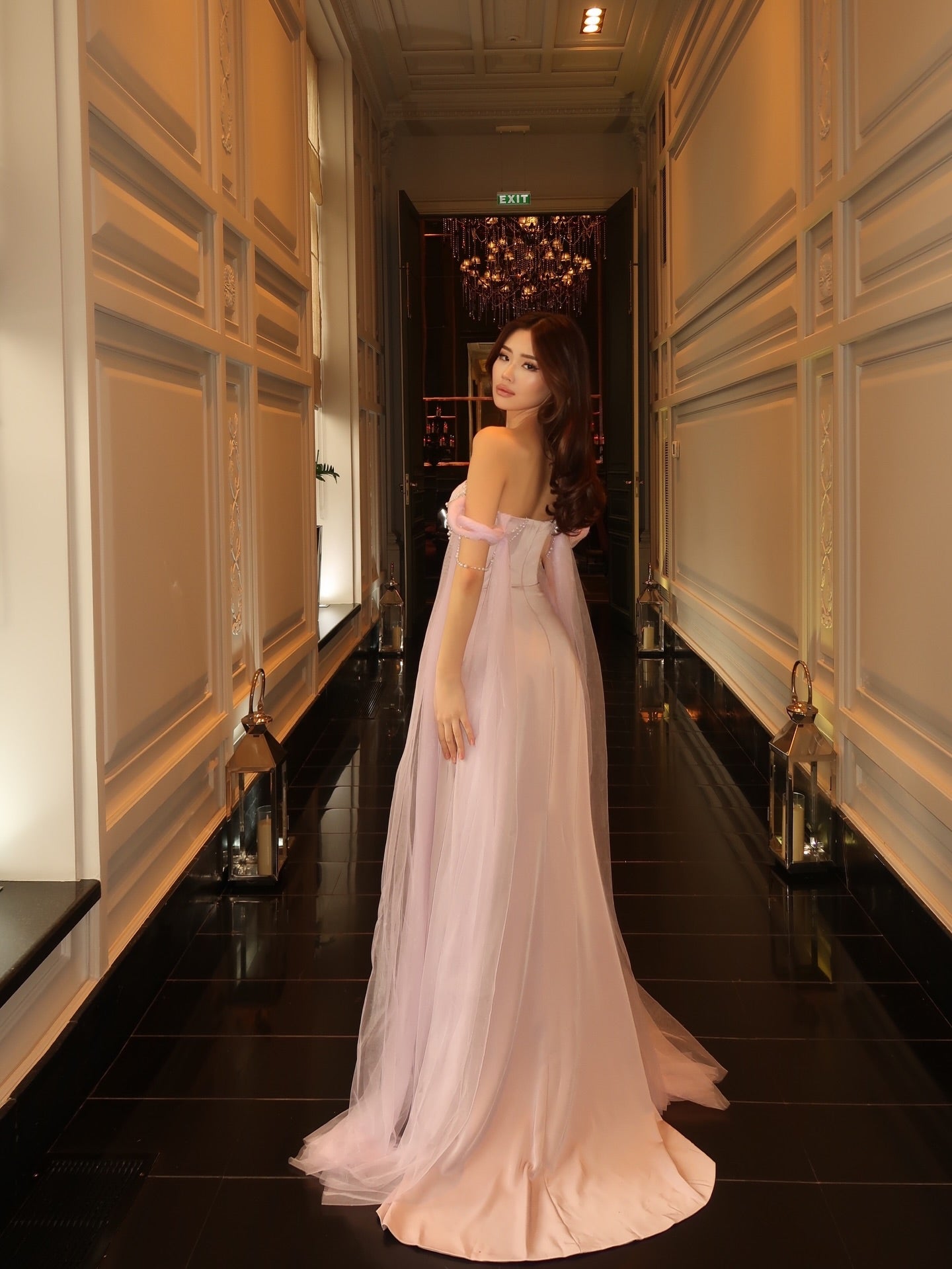 Off-the-Shoulder Satin Gown with Pearl Beading