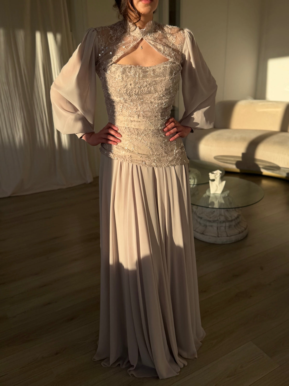 Embellished Lace & Chiffon Gown with Bishop Sleeves