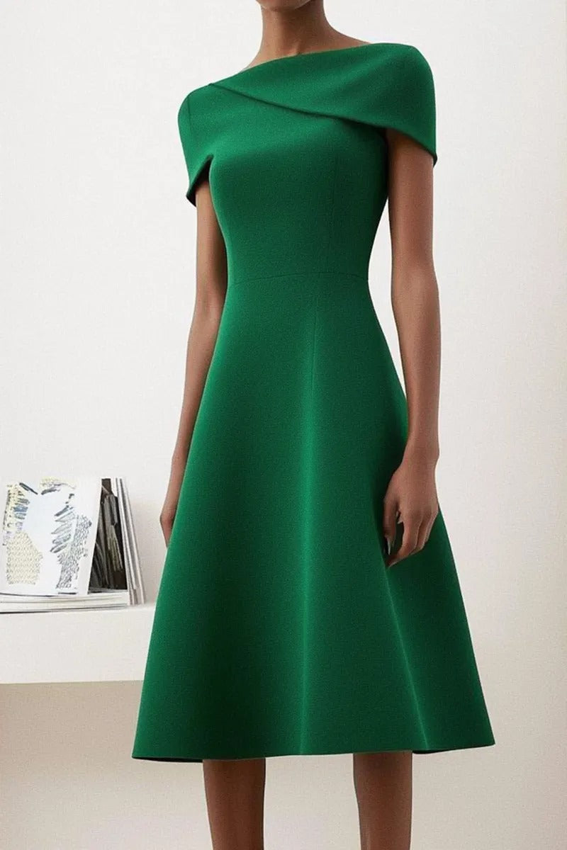 Asymmetrical Foldover Neck A-Line Midi Dress