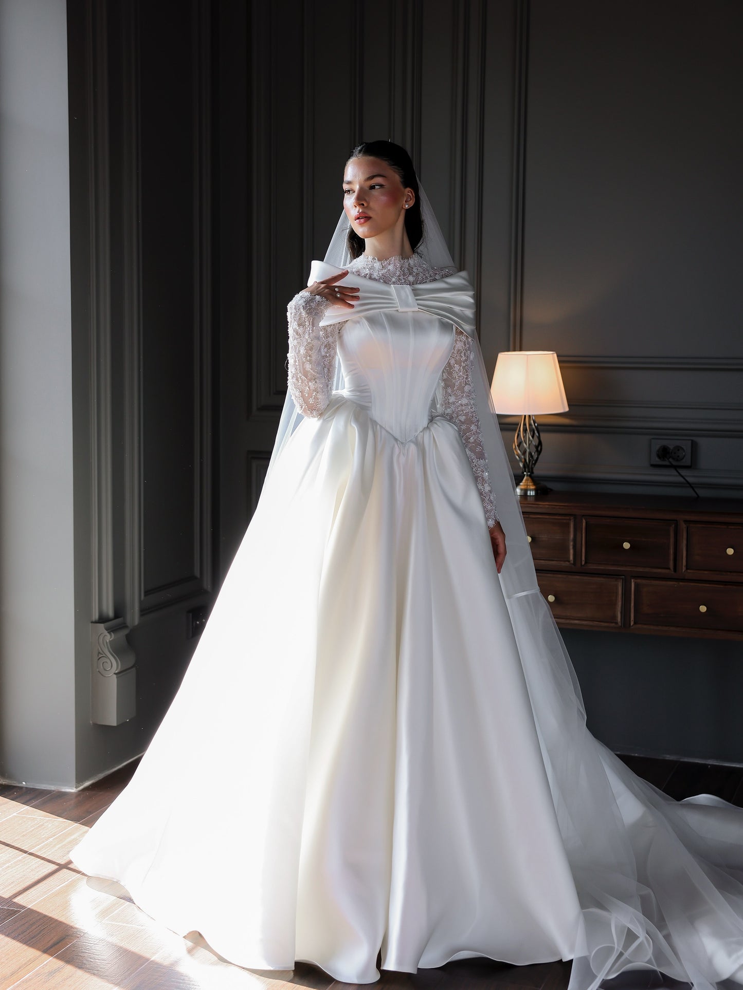 Lace High-Neck Ball Gown Wedding Dress with Train
