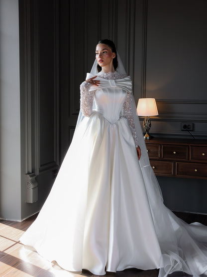 Lace High-Neck Ball Gown Wedding Dress with Train