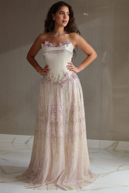 Strapless Floral Beaded A-Line Evening Gown