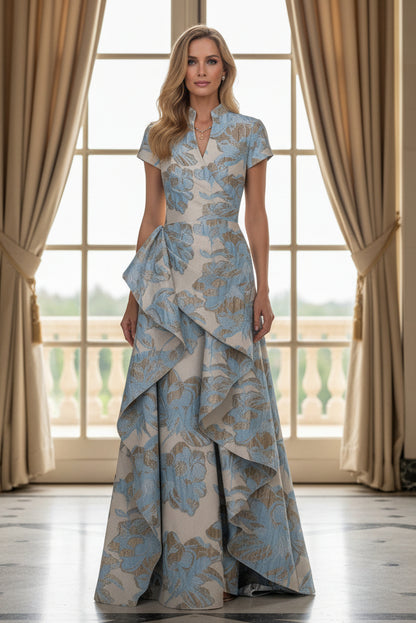 Floral Jacquard A-Line Gown with Cascading Side Ruffle