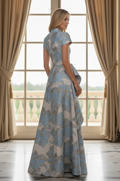 Floral Jacquard A-Line Gown with Cascading Side Ruffle