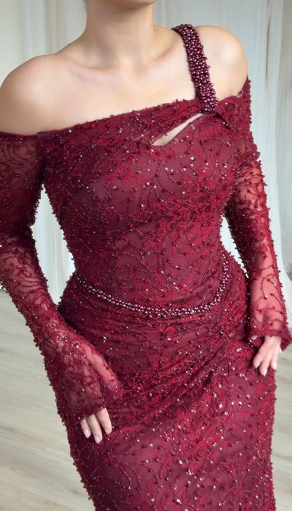 Pearl-Strap Lace Long Sleeve Evening Gown