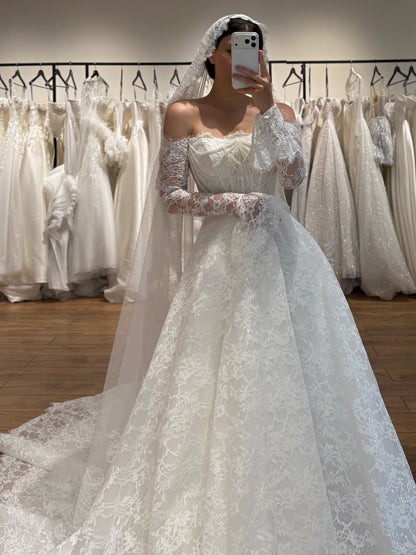 Off-the-Shoulder Lace Ball Gown Wedding Dress