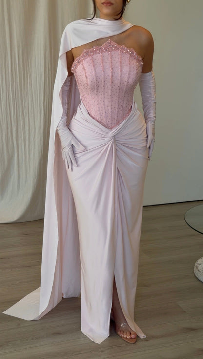 Corset Evening Gown with One-Shoulder Cape