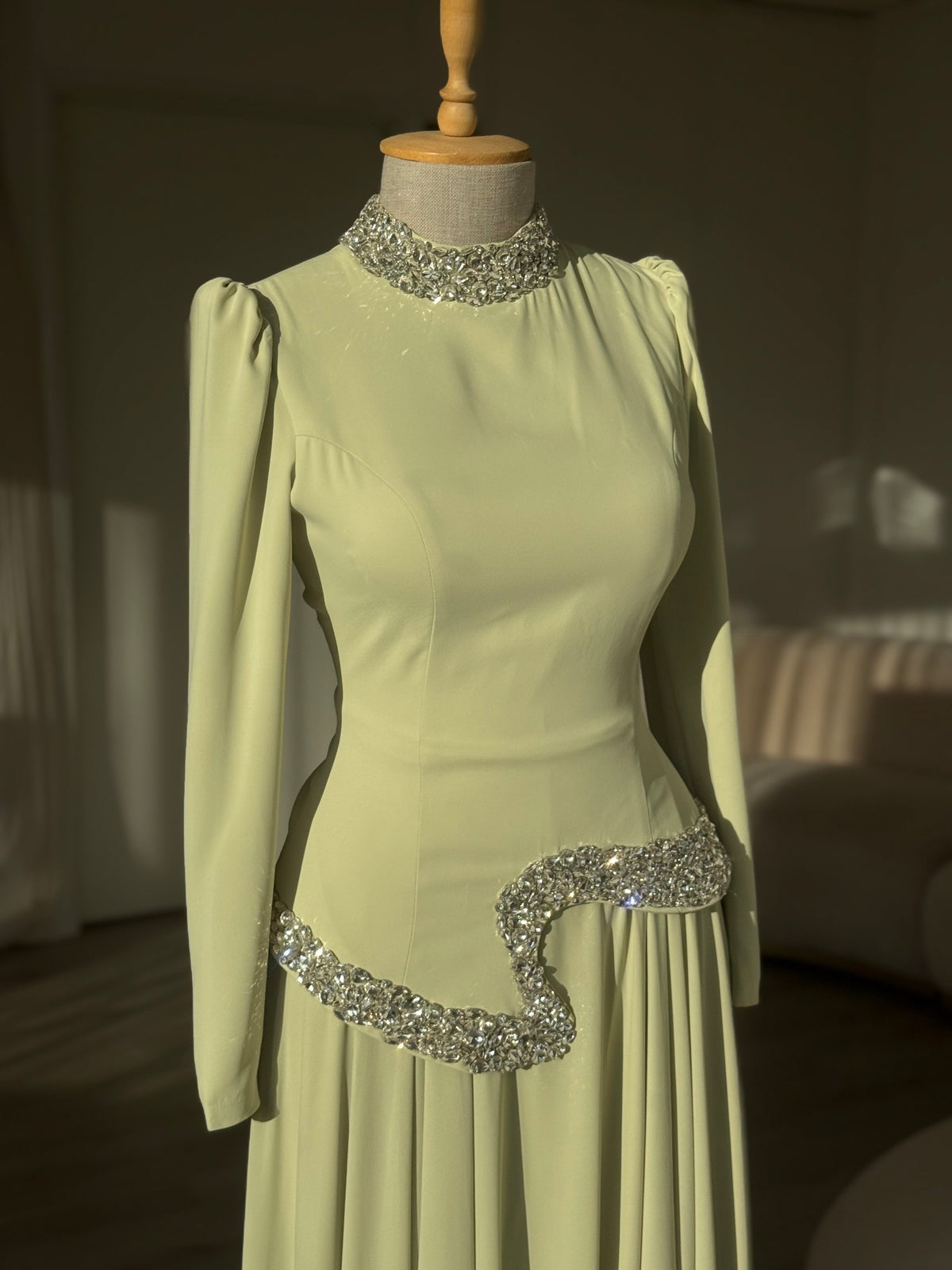 High Neck Long Sleeve Evening Gown with Crystal Trim