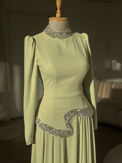 High Neck Long Sleeve Evening Gown with Crystal Trim