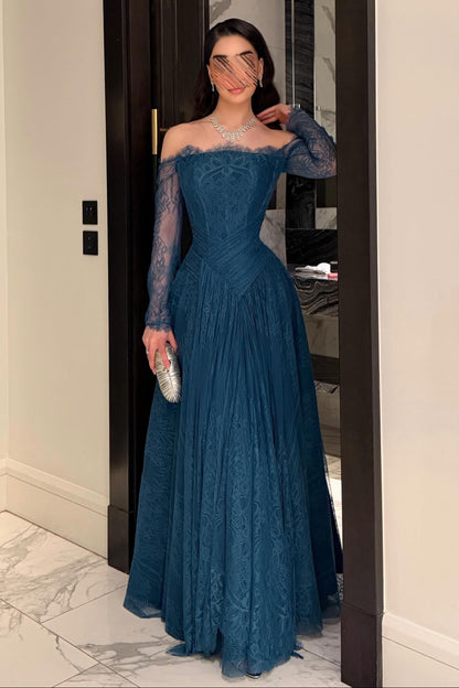 Off-Shoulder Lace Long Sleeve Evening Gown