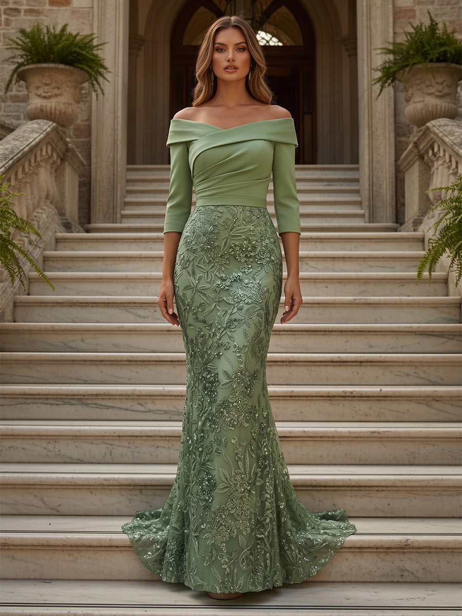 Off-the-Shoulder 3/4 Sleeve Mermaid Evening Gown