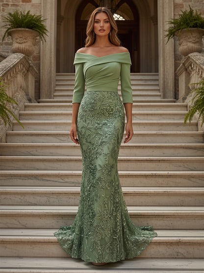 Off-the-Shoulder 3/4 Sleeve Mermaid Evening Gown