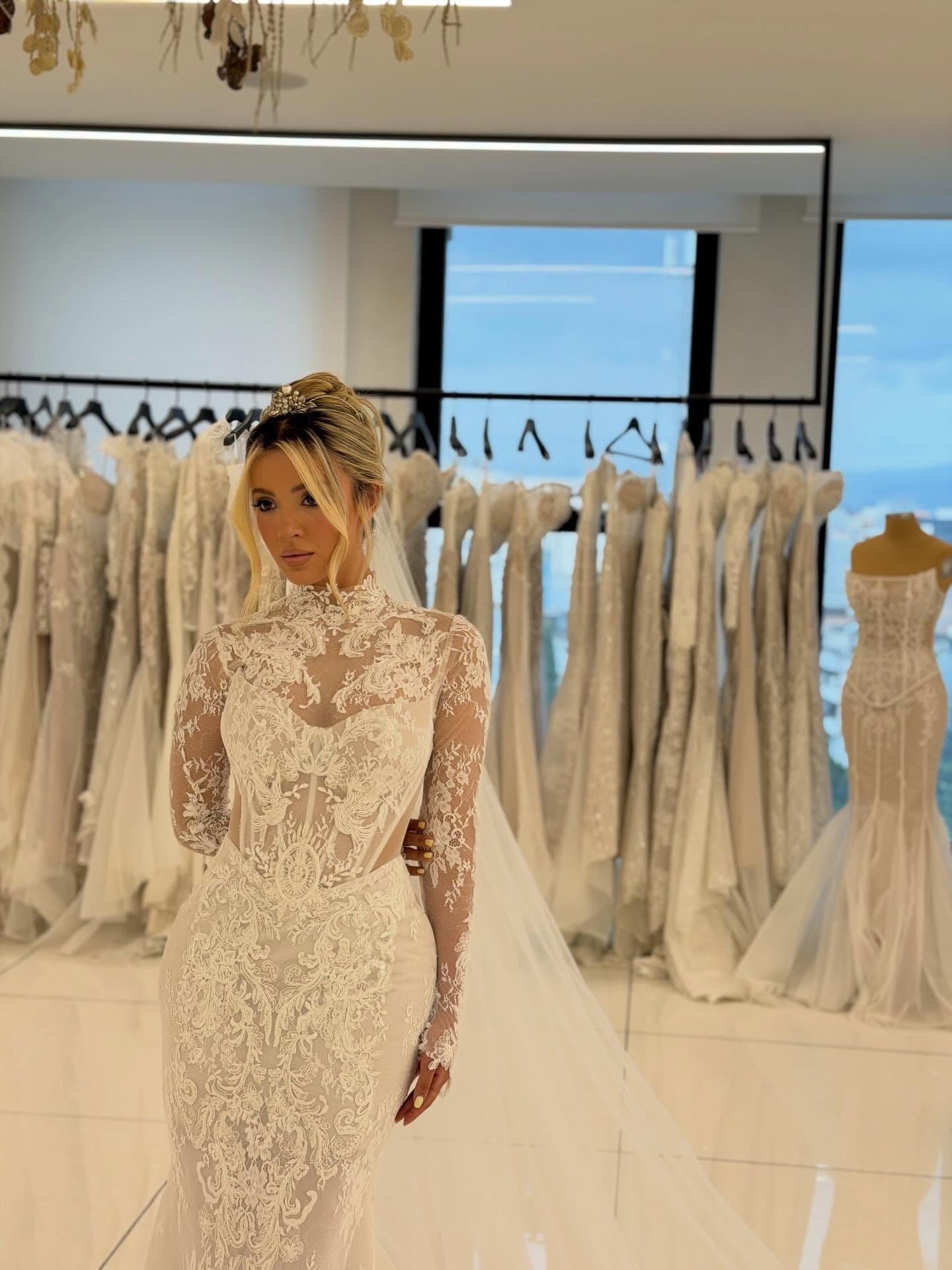 Lace High Neck Wedding Dress with Train