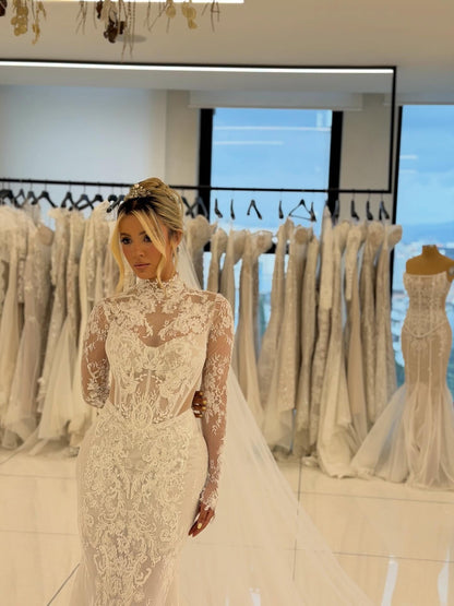 Lace High Neck Wedding Dress with Train