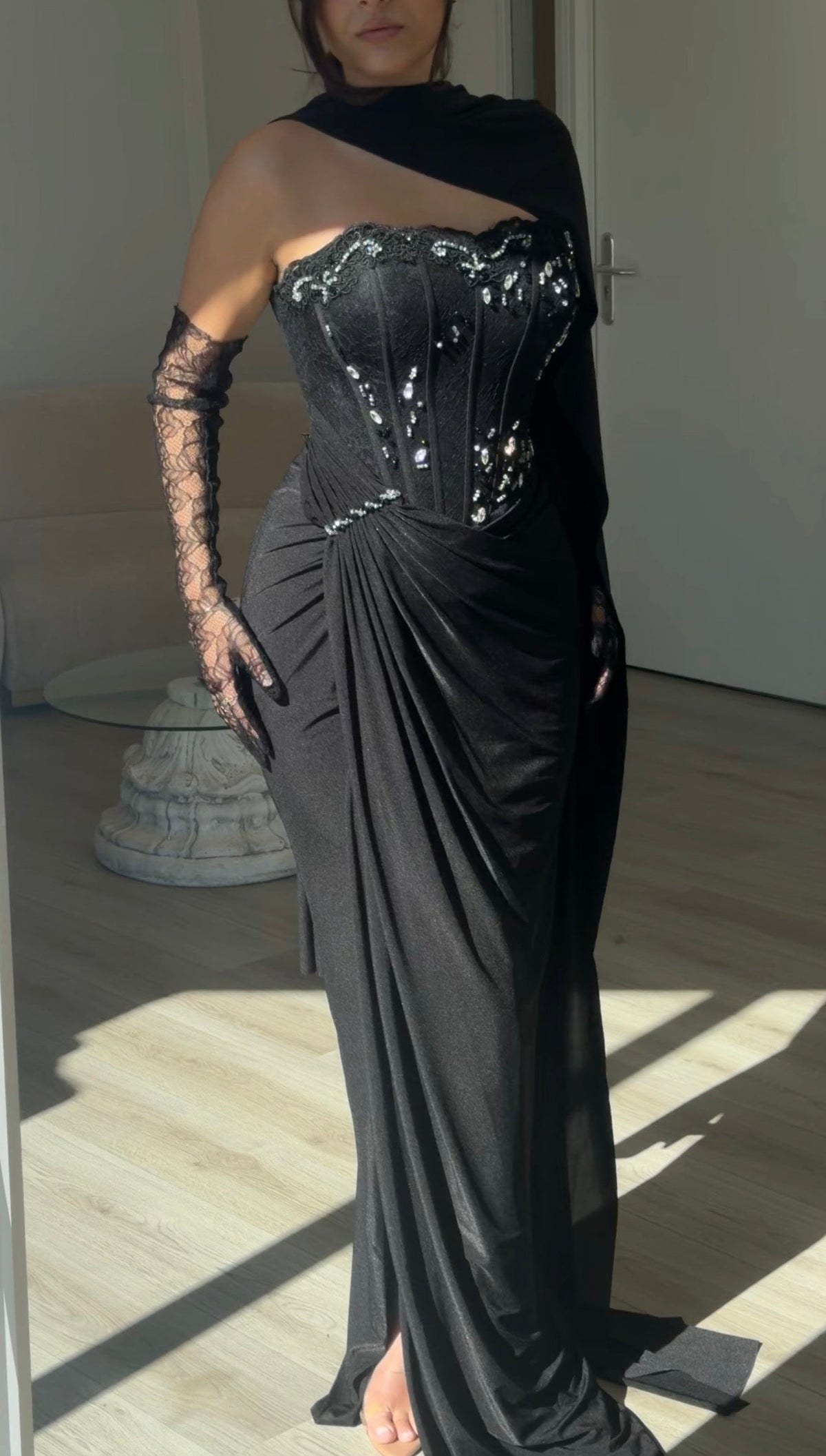 Corset Gown with Scarf Neckline and Gloves