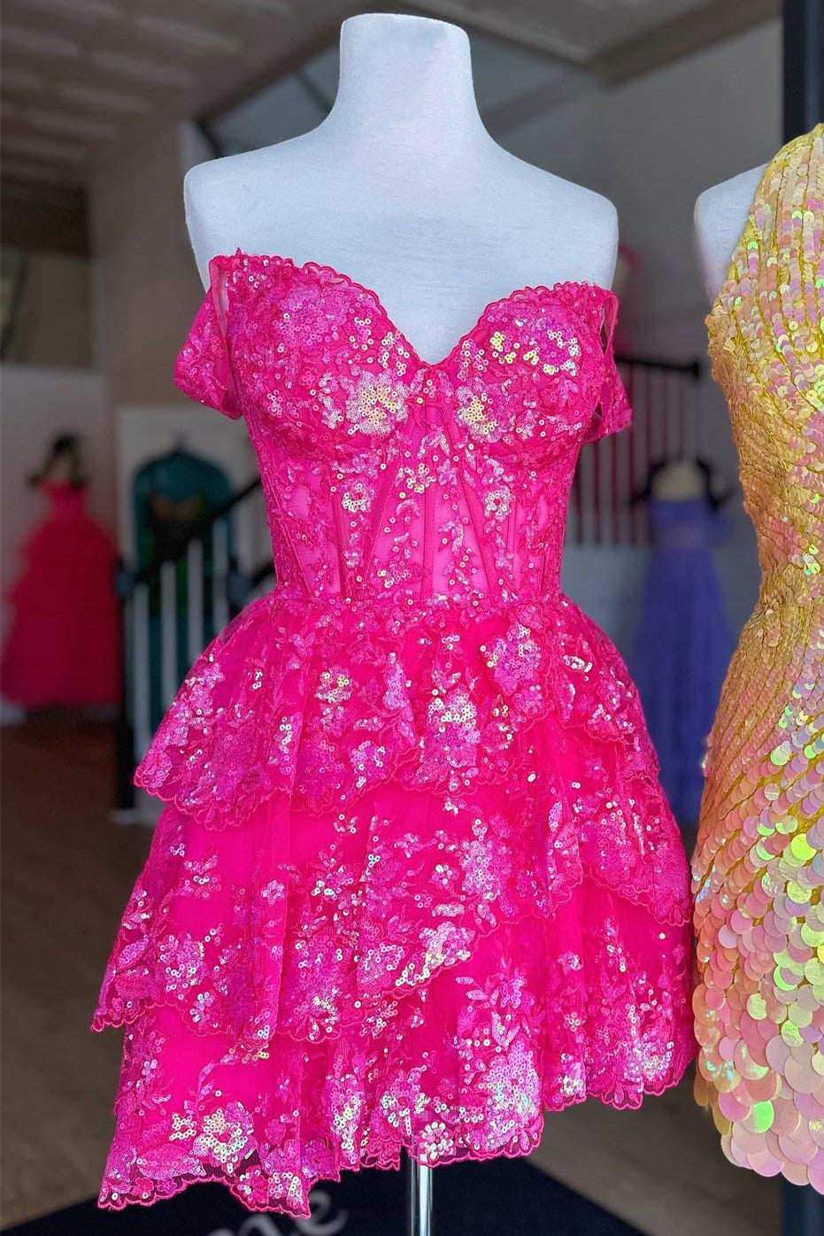 Off-the-Shoulder Tiered Sequined Corset Mini Dress