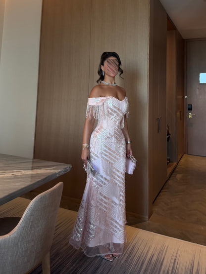 Off-Shoulder Fringe Sequin Mermaid Evening Gown