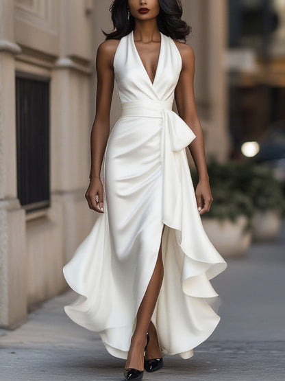 Satin Halter Wrap Maxi Dress with High Slit