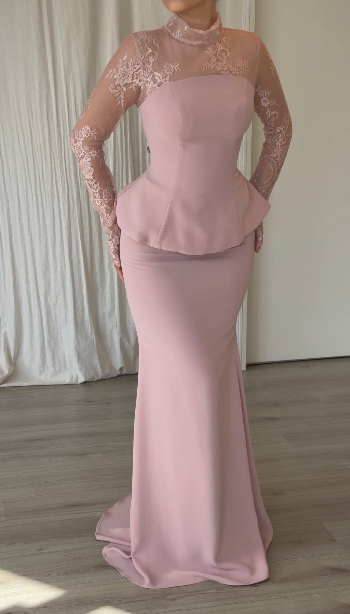 High-Neck Lace Long Sleeve Peplum Mermaid Gown