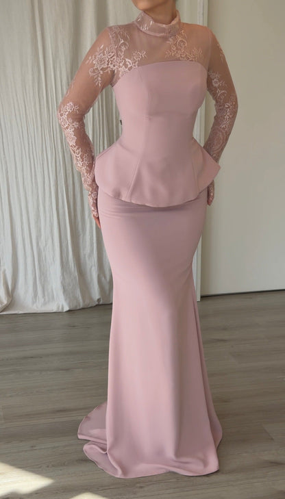 High-Neck Lace Long Sleeve Peplum Mermaid Gown