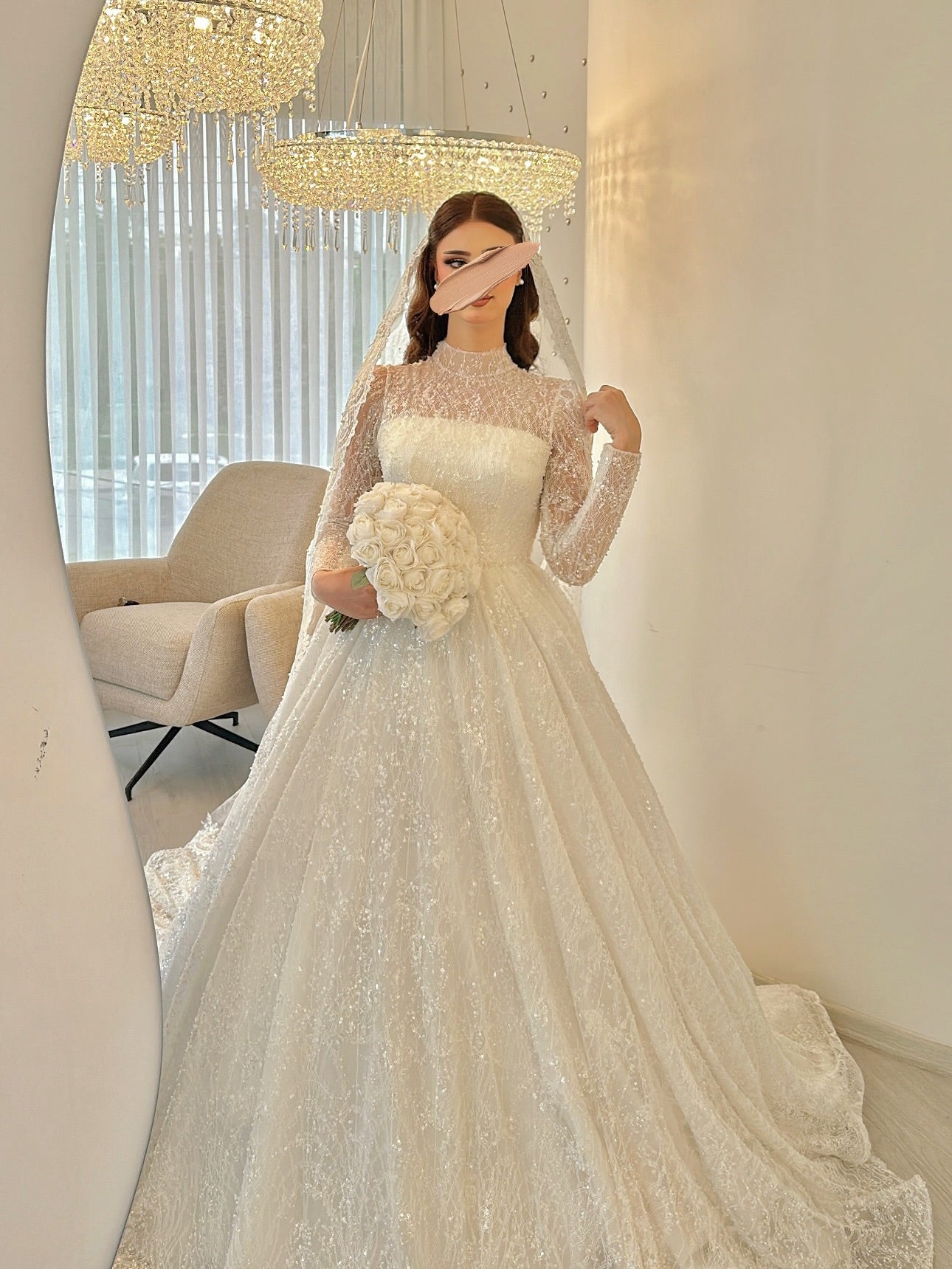 Illusion Long Sleeve Beaded Ball Gown Wedding Dress