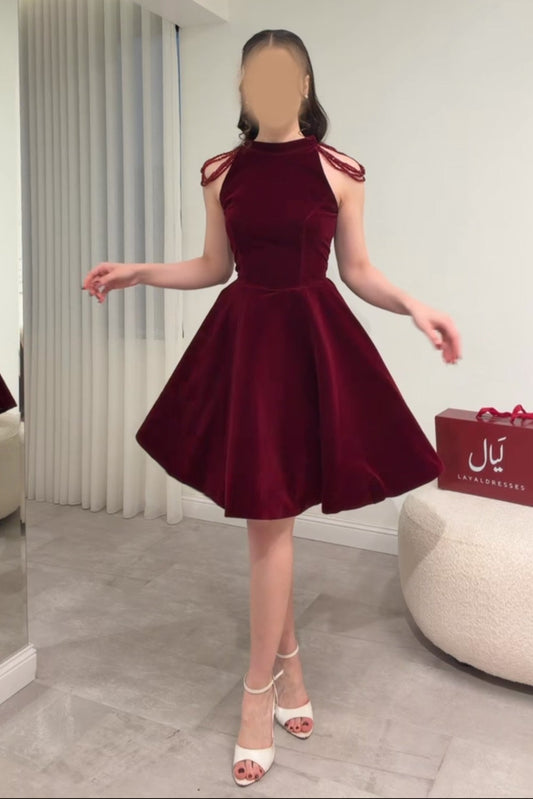 Velvet Halter A-Line Cocktail Dress with Beaded Straps