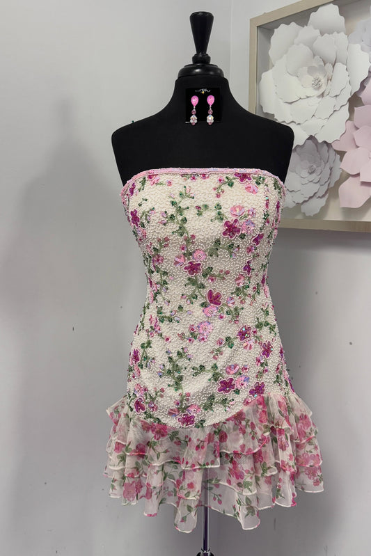 Strapless Floral Beaded Ruffle Mini Dress