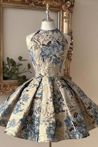 Halter Neck Floral Jacquard Pleated Mini Dress