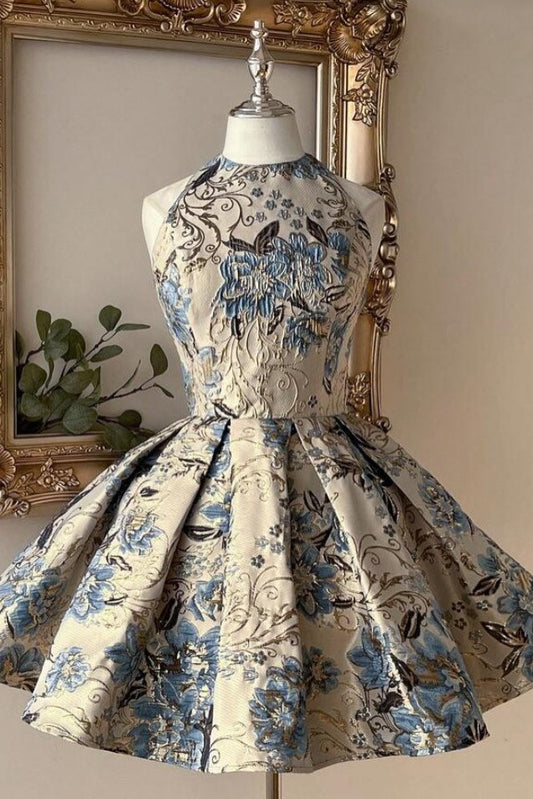 Halter Neck Floral Jacquard Pleated Mini Dress