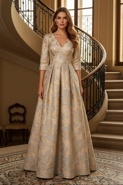 Floral Jacquard A-Line Gown with Pockets