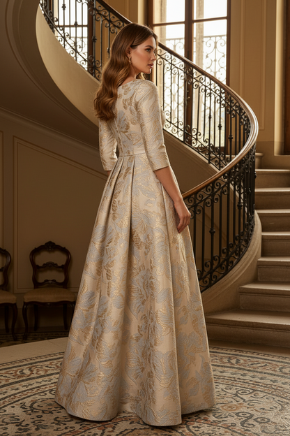 Floral Jacquard A-Line Gown with Pockets