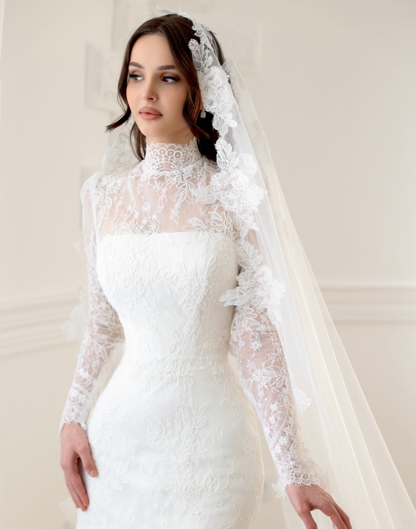 Tiered Lace High Neck Mermaid Wedding Dress