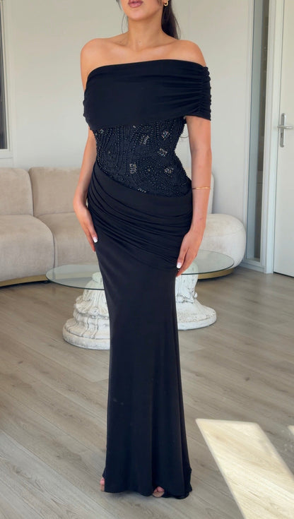 Ruched Asymmetric Gown with Beaded Waist
