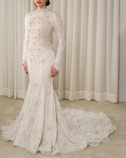High Neck Long Sleeve Lace Wedding Dress with Overskirt