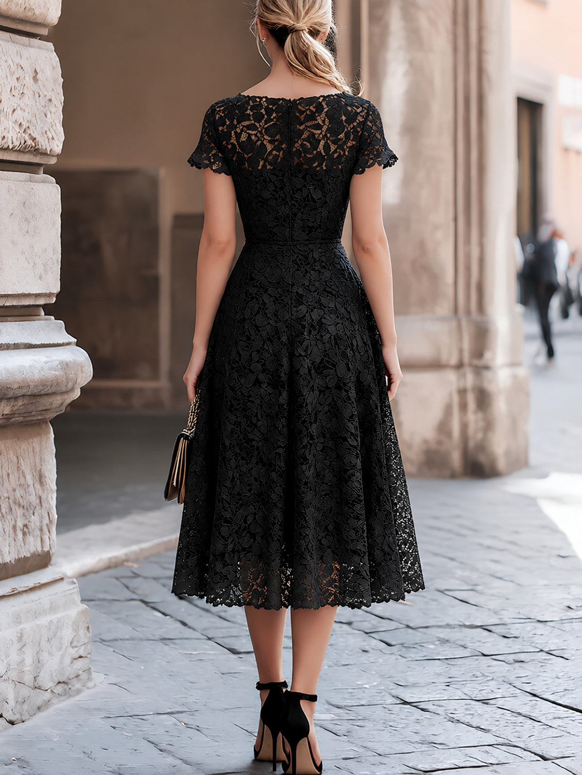 Short Sleeve Floral Lace A-Line Midi Dress