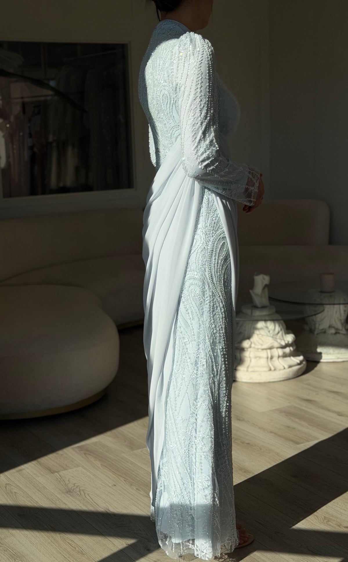 Embellished Long Sleeve Gown with Draped Overlay