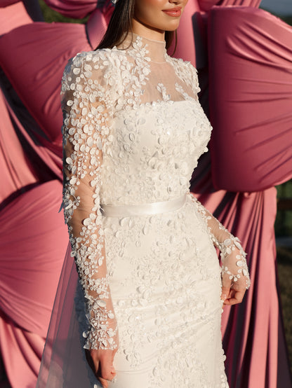 3D Floral Applique Long Sleeve Wedding Dress with Train