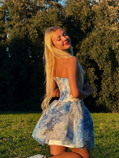 Strapless Floral Corset Mini Dress with Bubble Skirt